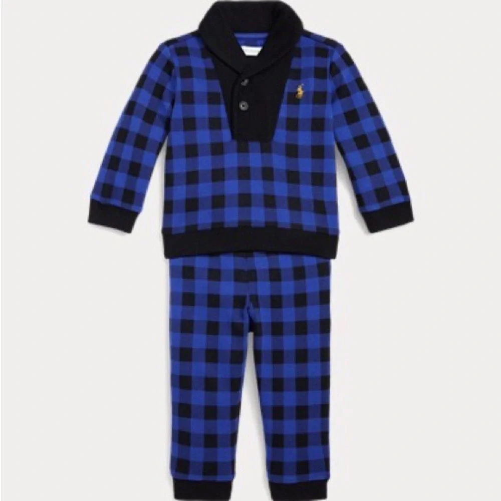 New Ralph Lauren Classic Blue Check Interlock Two Piece Baby Boys Set